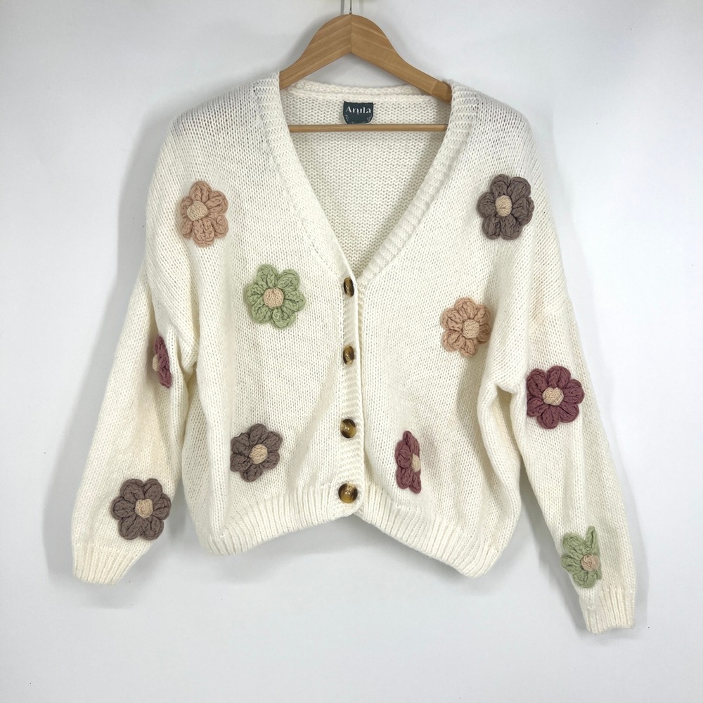 Arula White Crochet 3D‎ Flower Applique Button Front Sweater Cardigan Size L